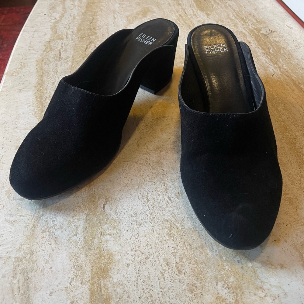 Eileen Fisher black suede mules heel